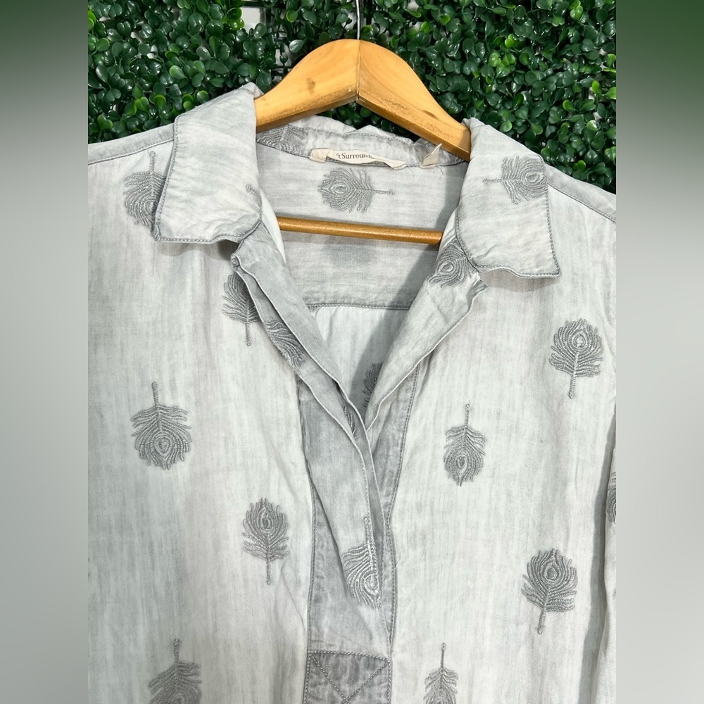 Soft Surroundings- Tencel Lyocell Chambray Feather Embroidered Dress, Sz Medium - Picture 2 of 10